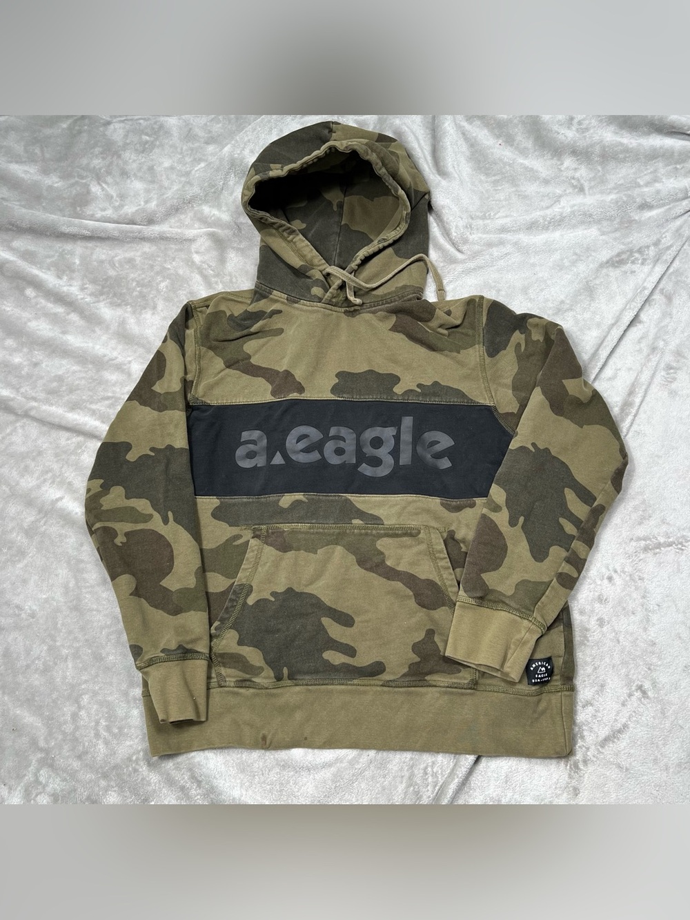 American Eagle Camo Hoodie Mens L Green Pullover Spellout Sweatshirt Y2K